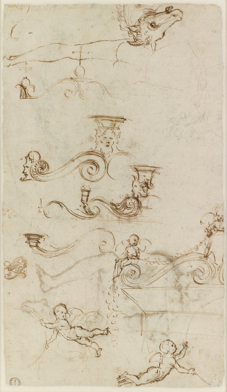 Verso: Folha de estudos principalmente de detalhes ornamentais, WA1846.147 de Raffaello Sanzio Raphael