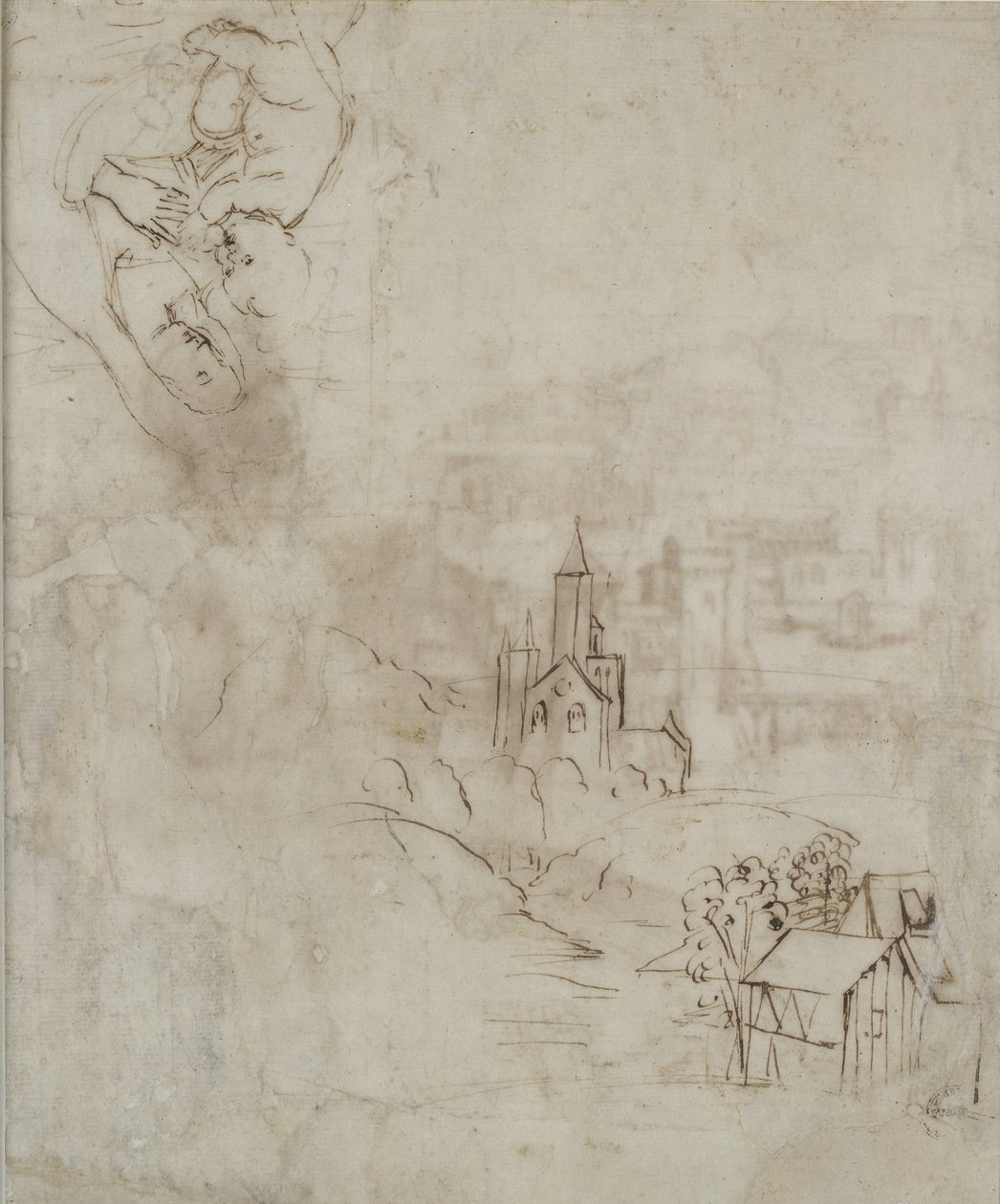 Verso: Esboço leve da Virgem amamentando o Menino Jesus e outra de uma paisagem para a Pala Colonna, WA1846.10 de Raffaello Sanzio Raphael