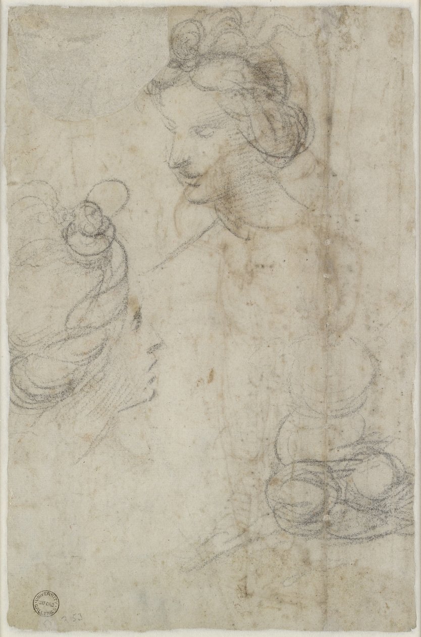 Verso: Duas cabeças femininas e um esboço de uma mulher de cócoras, WA1846.168 de Raffaello Sanzio Raphael