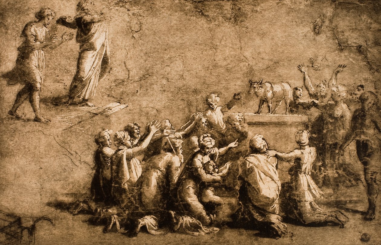 Adoração do bezerro de ouro ou Moisés quebra as tábuas da lei; desenho de Raphael. Gabinetto dei Disegni e delle Stampe, Galeria Uffizi, Florença de Raffaello Sanzio Raphael