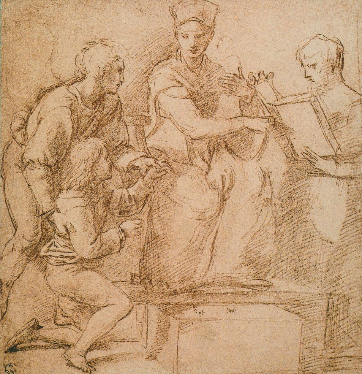 Quatro figuras (Madonna e criança), Desenhando por Raphael. Gabinete de Desenhos e Gravuras, Galeria Uffizi, Florença de Raffaello Sanzio Raphael