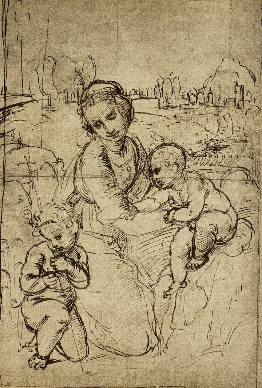 Madonna e Criança e São João (criança), desenho de Rafael. Gabinete de Desenhos e Gravuras, Galeria Uffizi, Florença de Raffaello Sanzio Raphael