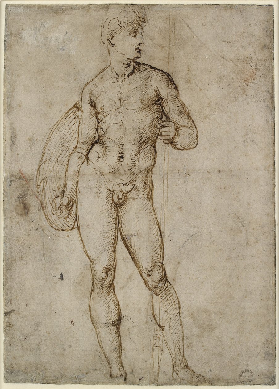 Recto: Um Guerreiro Juvenil, WA1846.163 (caneta e tinta marrom, algumas marcas de estilete cego possivelmente não relacionadas) de Raffaello Sanzio Raphael