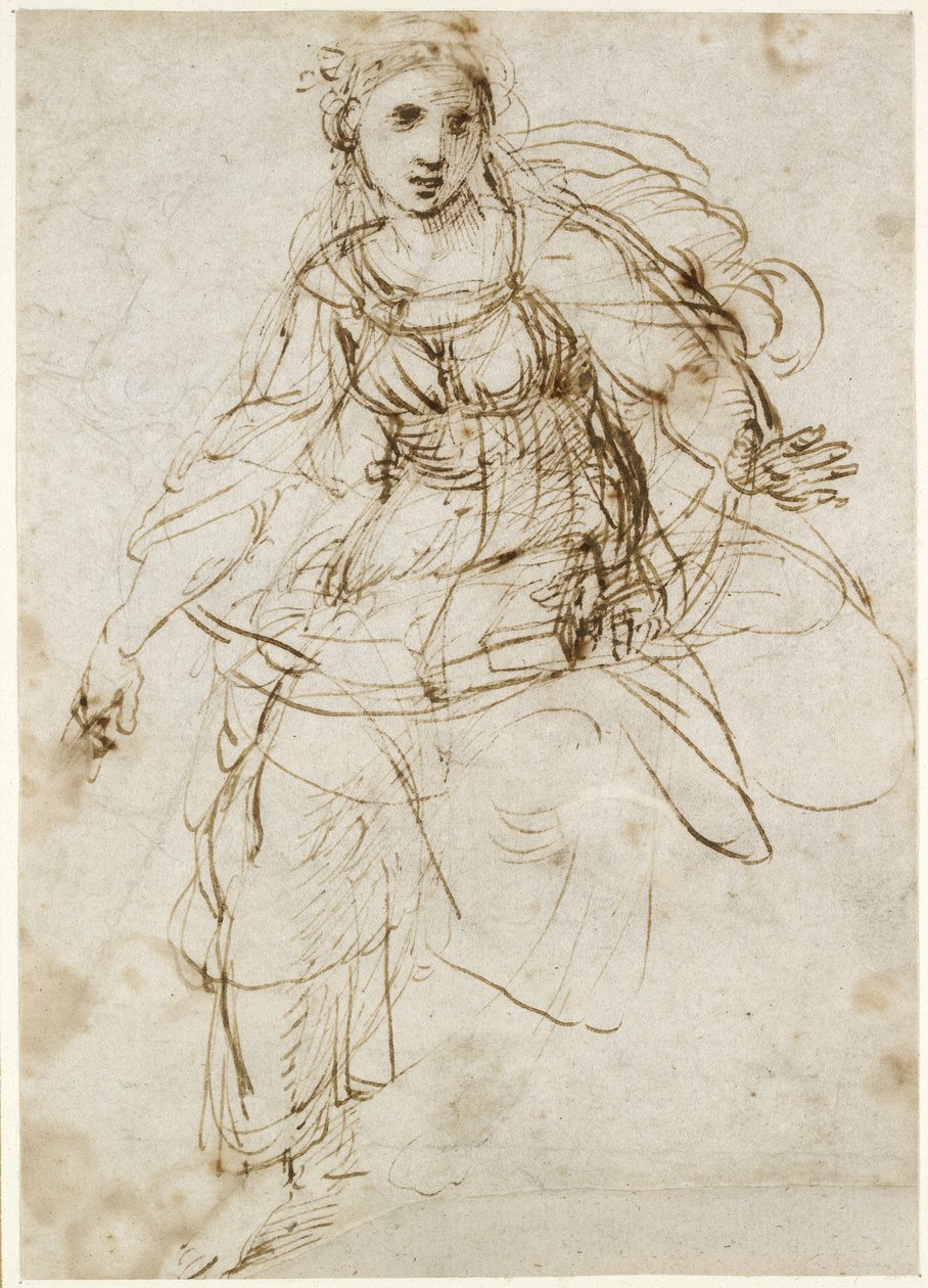 Recto: Figura Alegórica de Teologia, WA1846.195 (caneta e tinta marrom, com traços separados de ponto de chumbo no reto) de Raffaello Sanzio Raphael