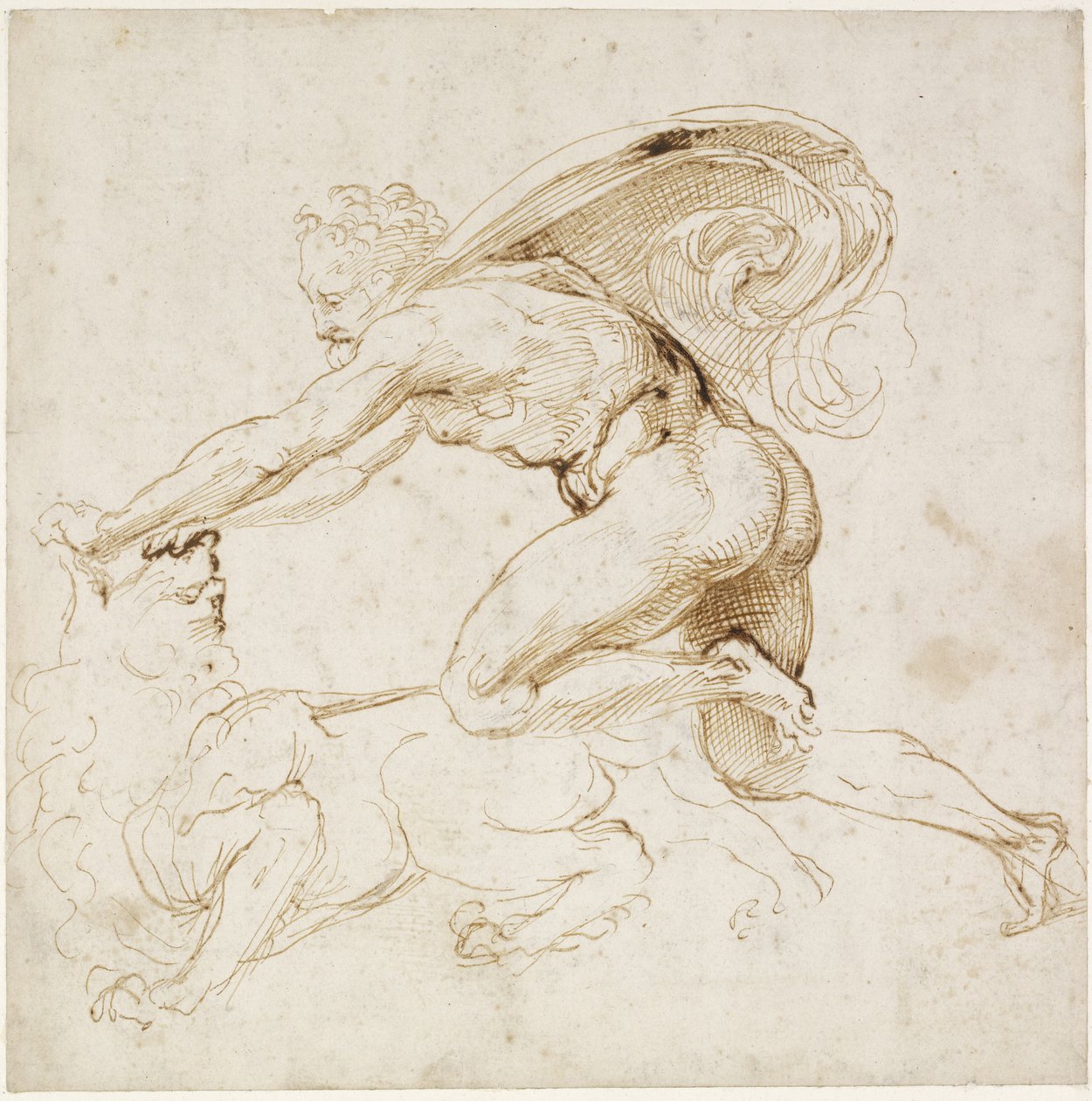 Recto: Hércules dominando o leão de Neméia, WA1846.181 (caneta e tinta marrom sobre ponta cega e traços de chumbo ou giz) de Raffaello Sanzio Raphael