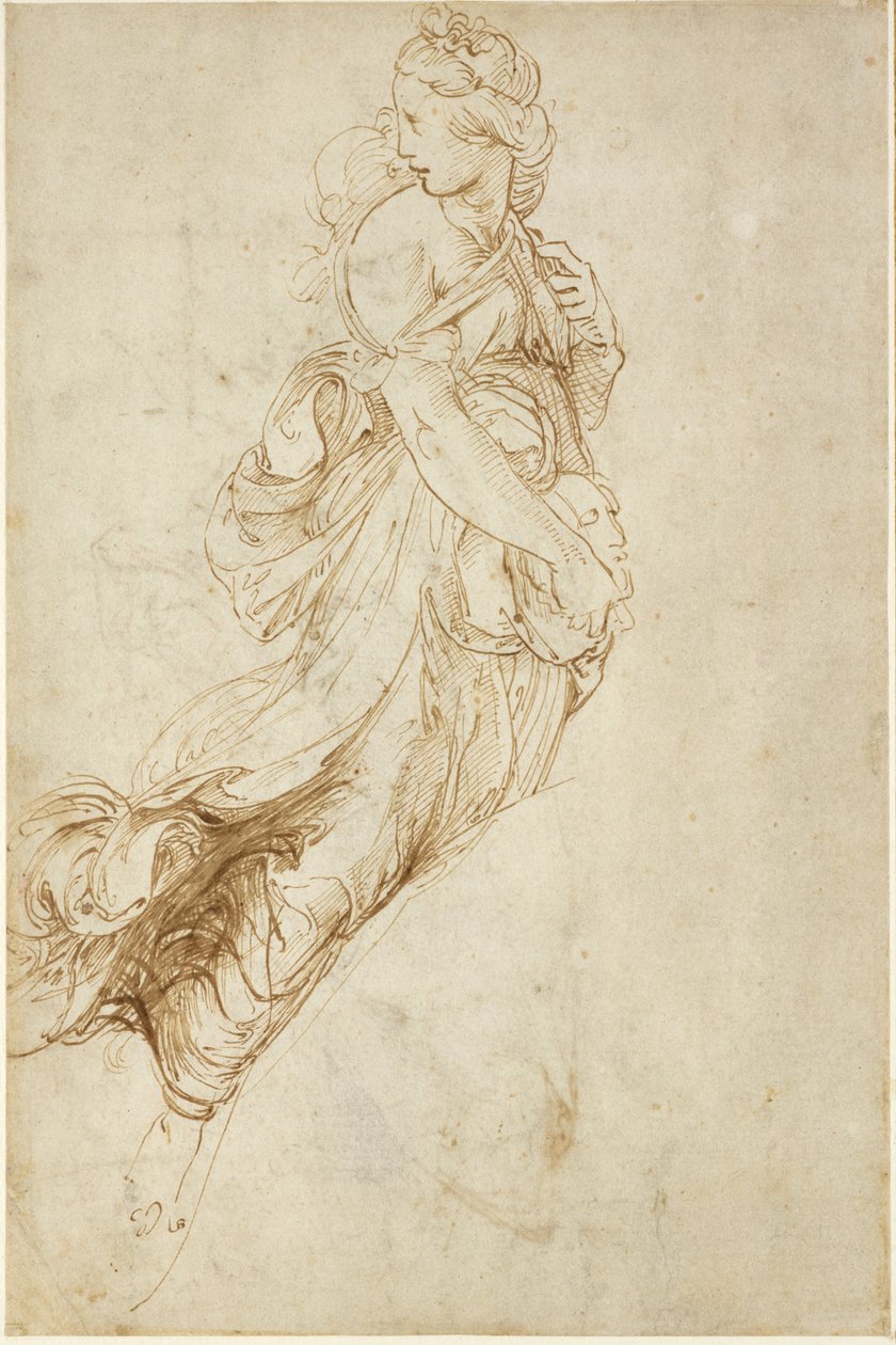 Recto: Estudo para a figura de Melpomene, WA1846.182 (caneta e tinta marrom sobre caneta cega) de Raffaello Sanzio Raphael