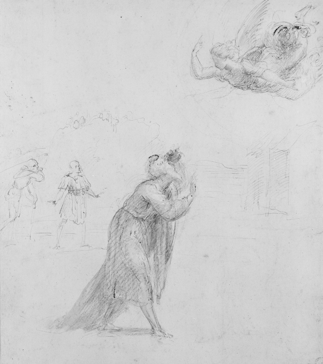 Recto: O Anjo que aparece para Joachim, WA1846.204 (caneta e pincel em marrom amarelado sobre giz preto aumentado com bodycolour branco (parcialmente oxidado) em papel branco) de Raffaello Sanzio Raphael