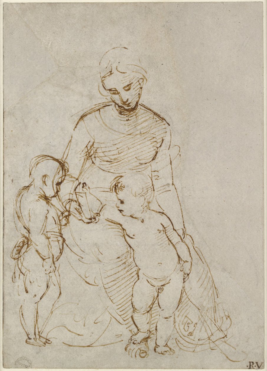 Recto: A Virgem e o Menino com São João (A Madonna del Cardellino), WA1846.160 (caneta e tinta marrom sobre ponta cega, alguns traços de chumbo ou giz) de Raffaello Sanzio Raphael