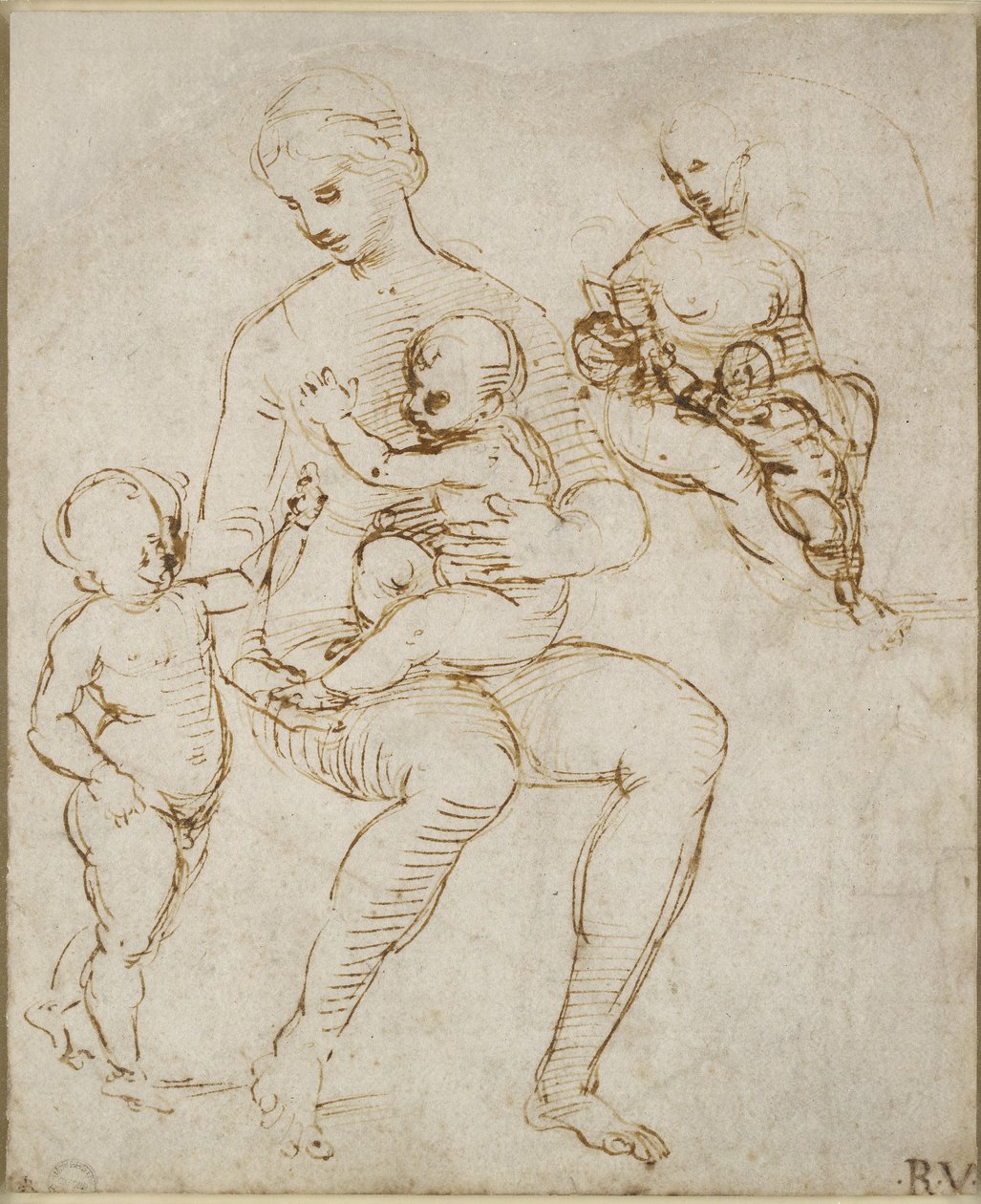 Recto: Dois estudos para uma virgem e criança com São João (A Madonna del Cardellino), WA1846.159 (caneta e tinta marrom sobre uma caneta cega) de Raffaello Sanzio Raphael
