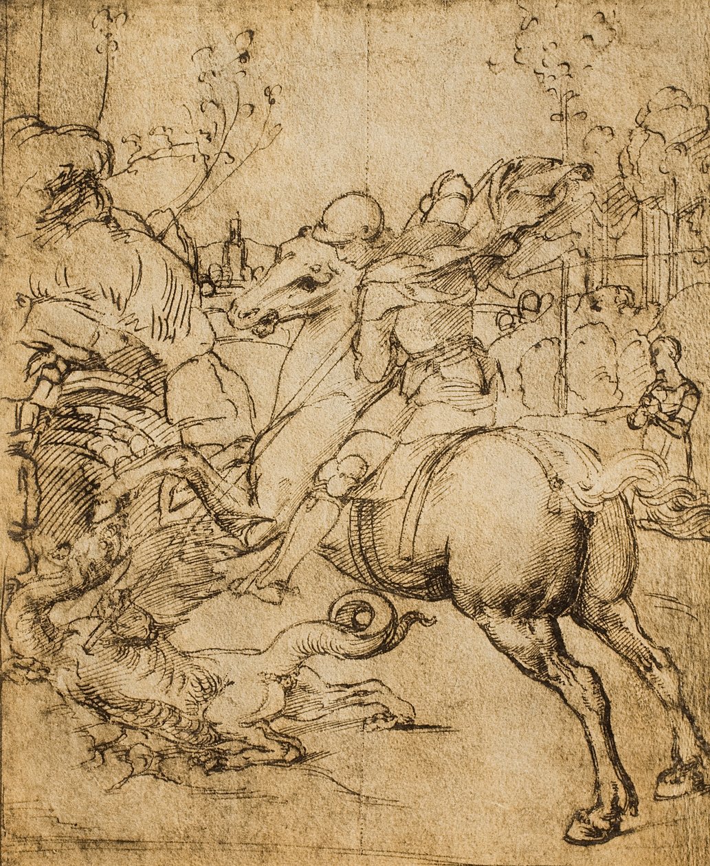 São Jorge mata o dragão; desenho de Raphael. Gabinete de Desenhos e Gravuras, Galeria Uffizi, Florença de Raffaello Sanzio Raphael