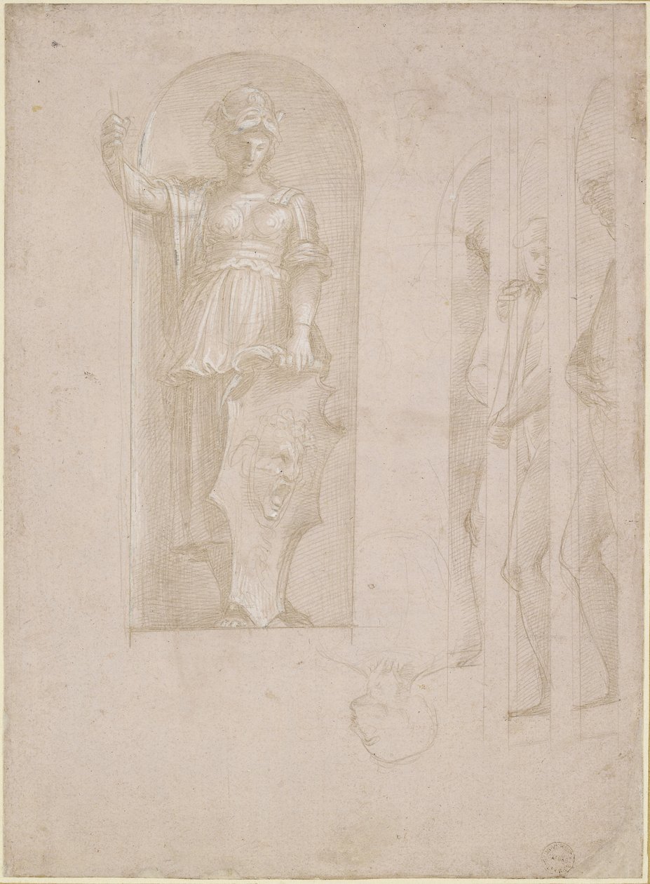 Estudos para uma figura de Minerva e outras estátuas (Estudo para a Escola de Atenas), WA1846.192 (metalpoint com aumento de branco em papel preparado rosa) de Raffaello Sanzio Raphael