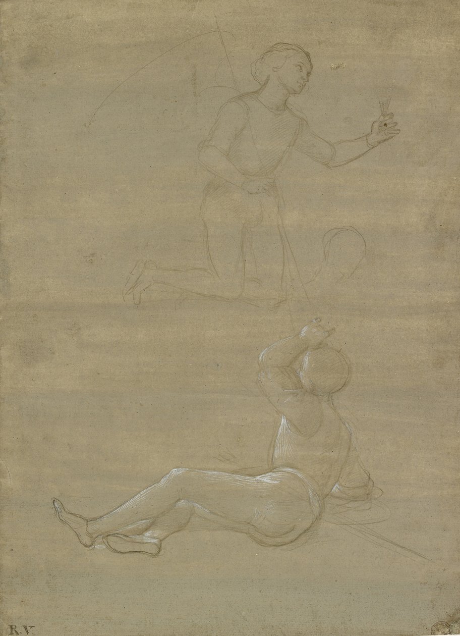 Estudos para um guarda em uma ressurreição e de um anjo, WA1846.150 (ponto de metal em papel preparado de cinza acastanhado com aumento de branco) de Raffaello Sanzio Raphael