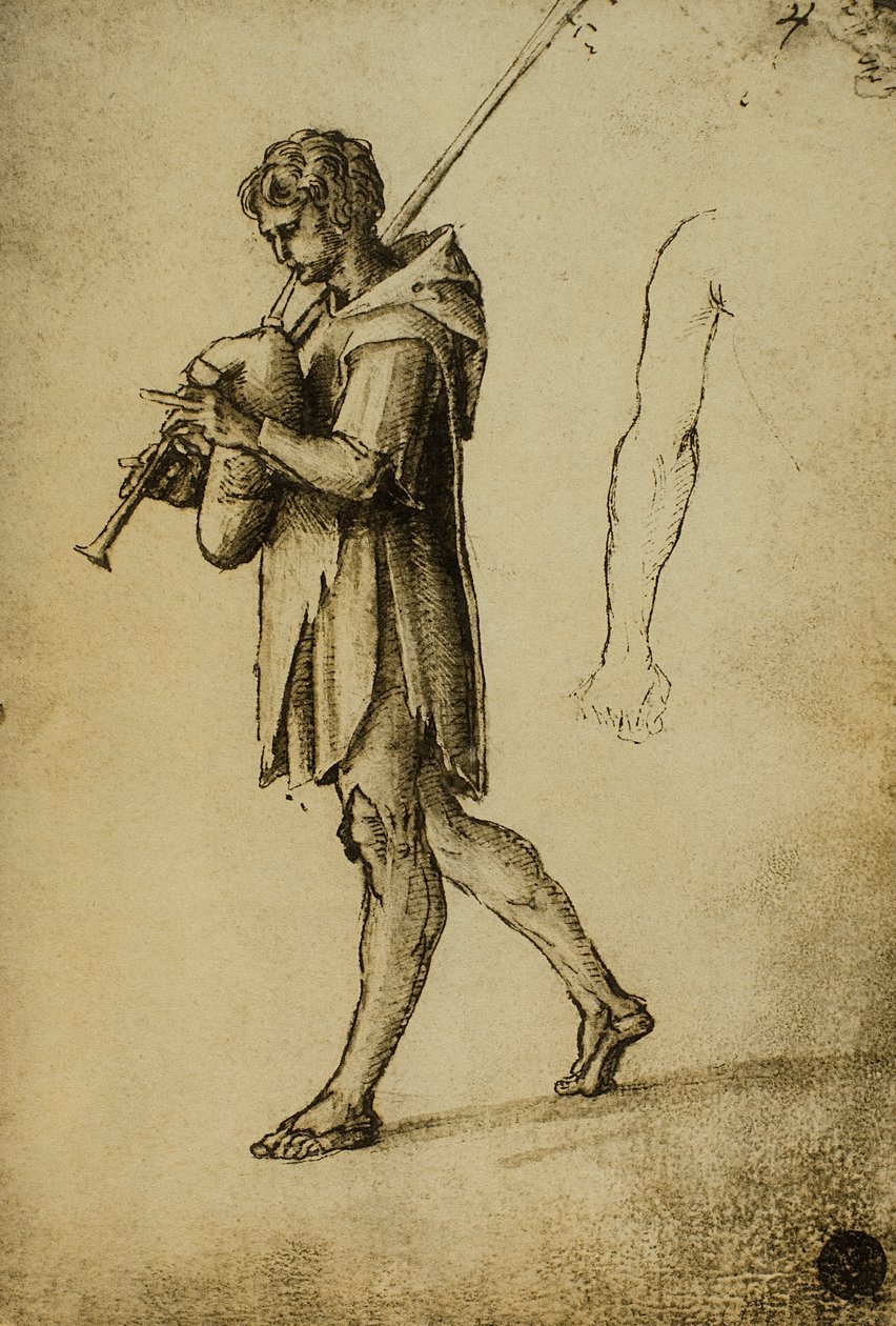 Estude para um tocador de gaitas de foles; desenho de Raphael. Gallerie dellAccademia, Veneza de Raffaello Sanzio Raphael