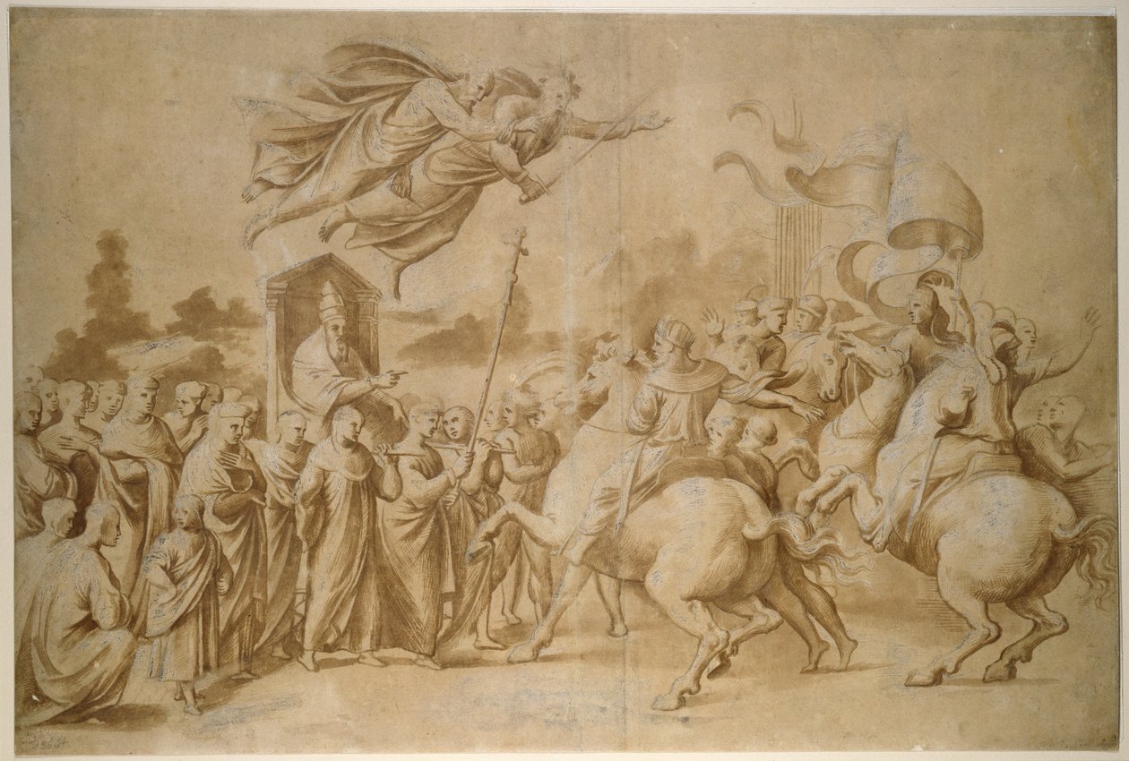 A repulsa de Átila, WA1846.277 (desenho de pincel em lavagem marrom aumentada com bodycolour (oxidado) em papel amarelo) de Raffaello Sanzio Raphael