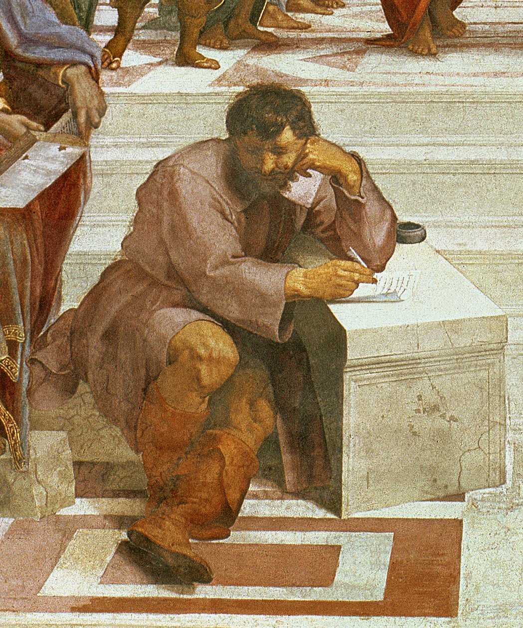 A escola de Atenas, detalhe das figuras do lado esquerdo, 1510-11 (detalhe de 87597) de Raffaello Sanzio Raphael