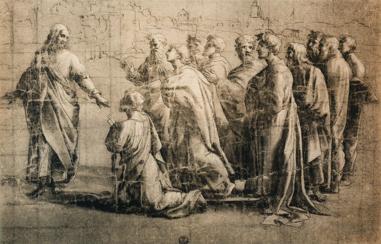 Cristo dando as chaves a São Pedro; desenho da Escola de Rafael. Gabinete de Desenhos e Gravuras, Uffizi, Florença de School of Raphael