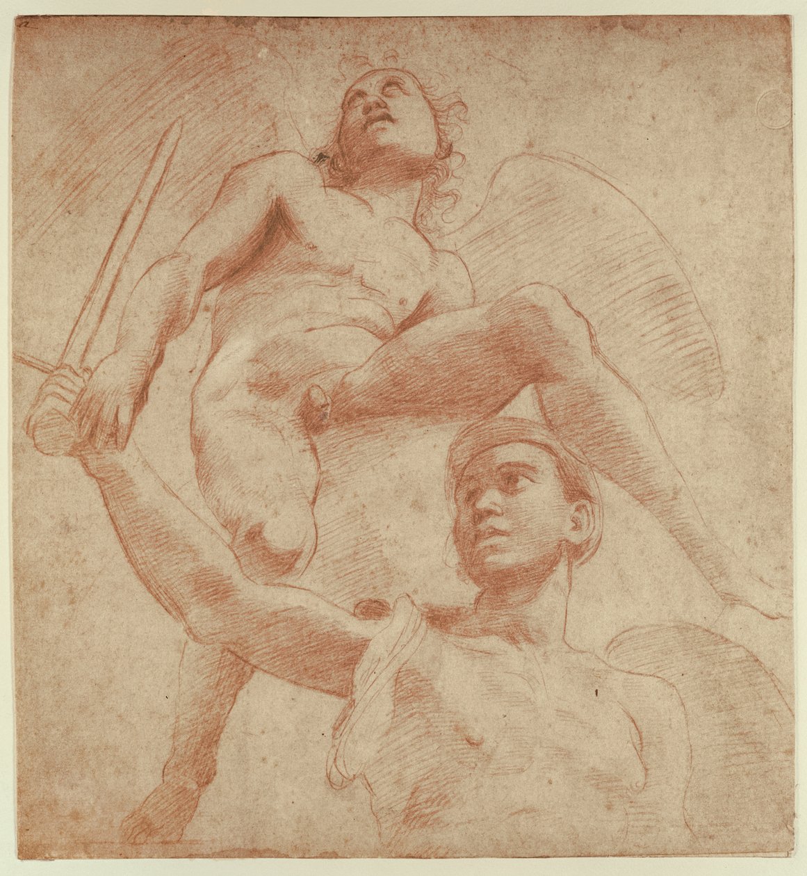 Anjo e uma figura representando o planeta Marte (giz vermelho sobre papel) de after Raphael