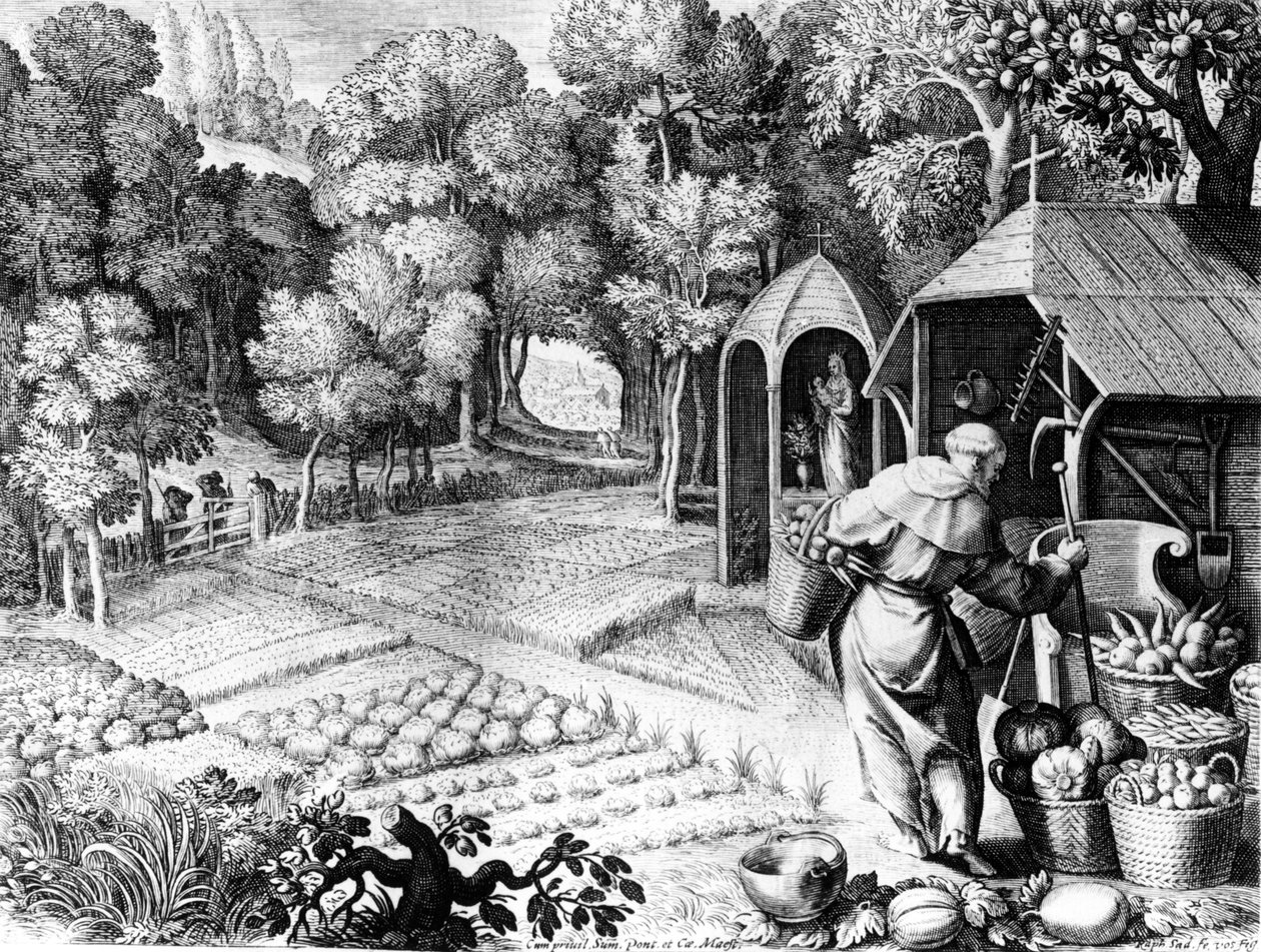 São Fiacre em seu jardim, c.1580-1620 de Raphael I Sadeler