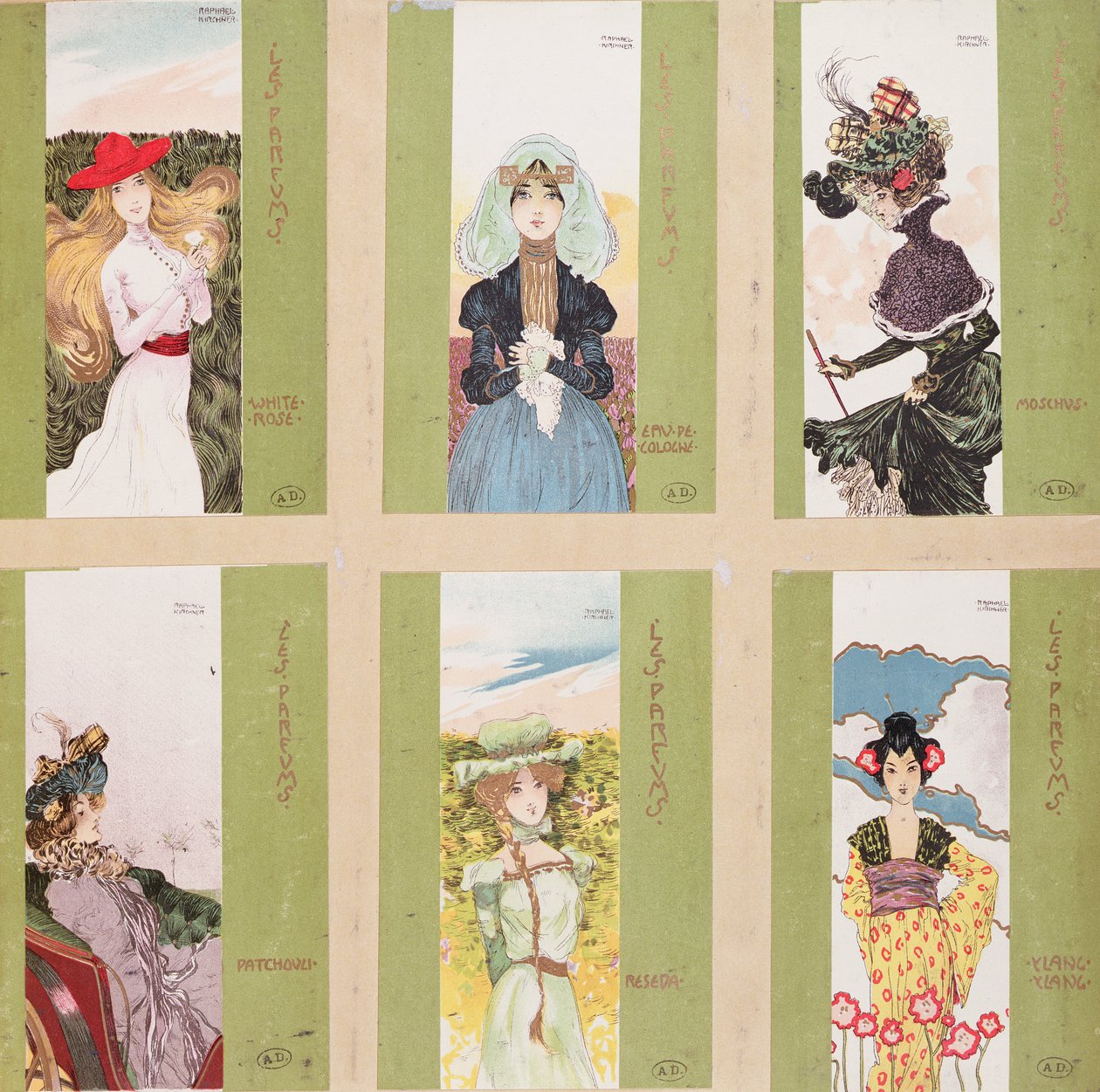Seleção de cartões postais com representações alegóricas de perfumes de Raphael Kirchner