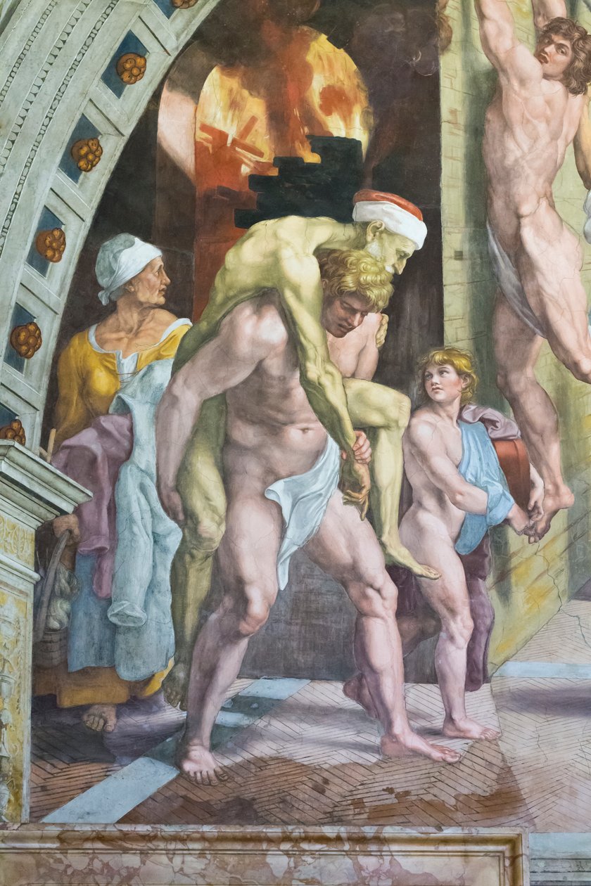 O incêndio no borgo, detalhe que provavelmente retrata Aeneas a fugir com o seu pai Anchises e o seu filho Ascanius de Raphael (1483 1520) (& studio)
