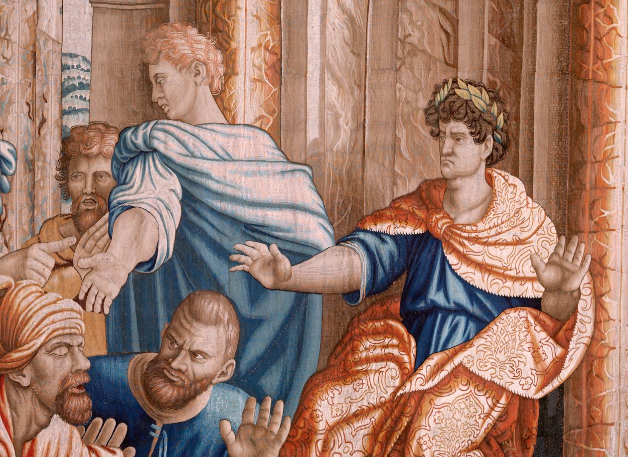 tapeçaria flamenga. Série Atos dos Apóstolos. Elimas ficou cego (La ceguera de Elimas). Sétima tapeçaria da série. Desenho de modelo de Rafael Sanzio. 1519. Manufatura Jan Raes II, Bruxelas. Ca 1605-1629. Tecido Seda e lã. Tamanho 534 x 783 cm. Local de Raphael