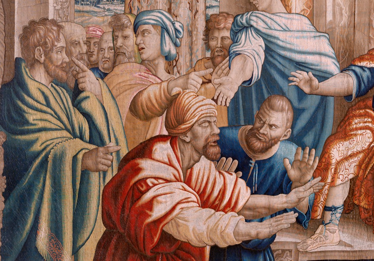 Tapeçaria flamenga. Actos da Série dos Apóstolos. Elymas cegou (La ceguera de Elymas). Sétima tapeçaria da série. Desenho animado modelo de Rafael Sanzio. 1519. Fabrico Jan Raes II, Bruxelas. Ca 1605-1629. Seda de tecido e lã. Tamanho 534 x 783 cm. Localiz de Raphael