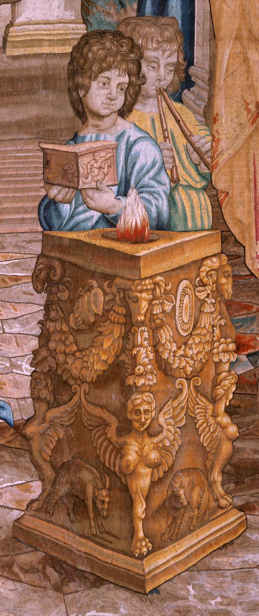 Tapeçaria flamenga. Série Os Actos dos Apóstolos. São Paulo e São Barnabé em Lystra (San Pablo y San Bernabé en Lystra). 8º pano da série, foi dividido em dois para o adaptar à sala. Desenho animado modelo de Rafael Sanzio. 1519. Fabrico Jan Raes de Raphael