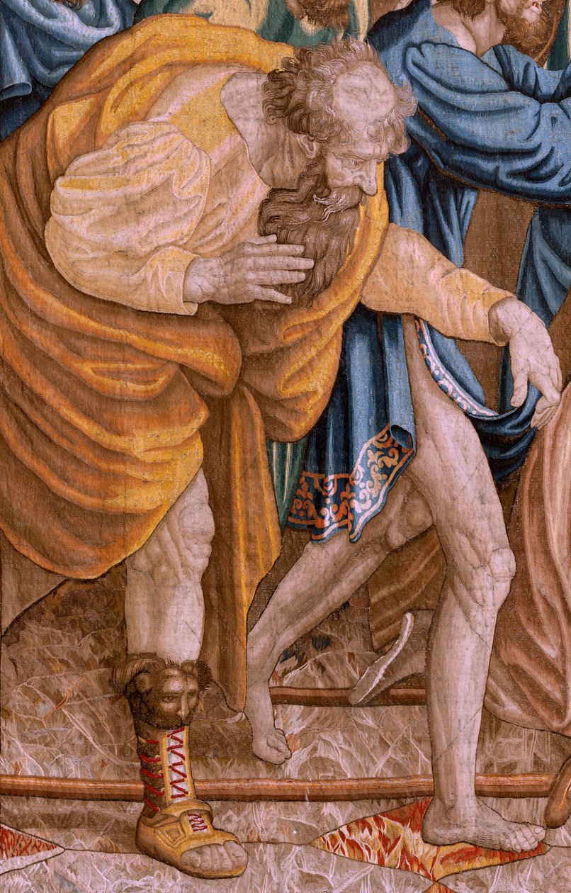 Tapeçaria flamenga. Série Os Actos dos Apóstolos. São Paulo e São Barnabé em Lystra (San Pablo y San Bernabé en Lystra). 8º pano da série, foi dividido em dois para o adaptar à sala. Desenho animado modelo de Rafael Sanzio. 1519. Fabrico Jan Raes de Raphael