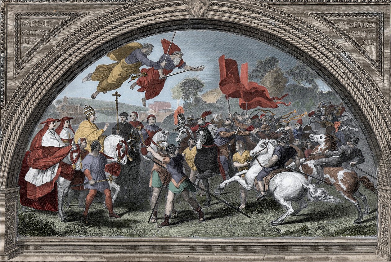 Representação do Papa Leão I disse o Grande (390-461) contra o líder dos hunos Átila (ca. 395-453) em 452 em Mântua - Invasões Bárbaras - (Papa Leão I o grande encontro com o rei Huno Átila em 452) (depois de Rafael) de after Raphael