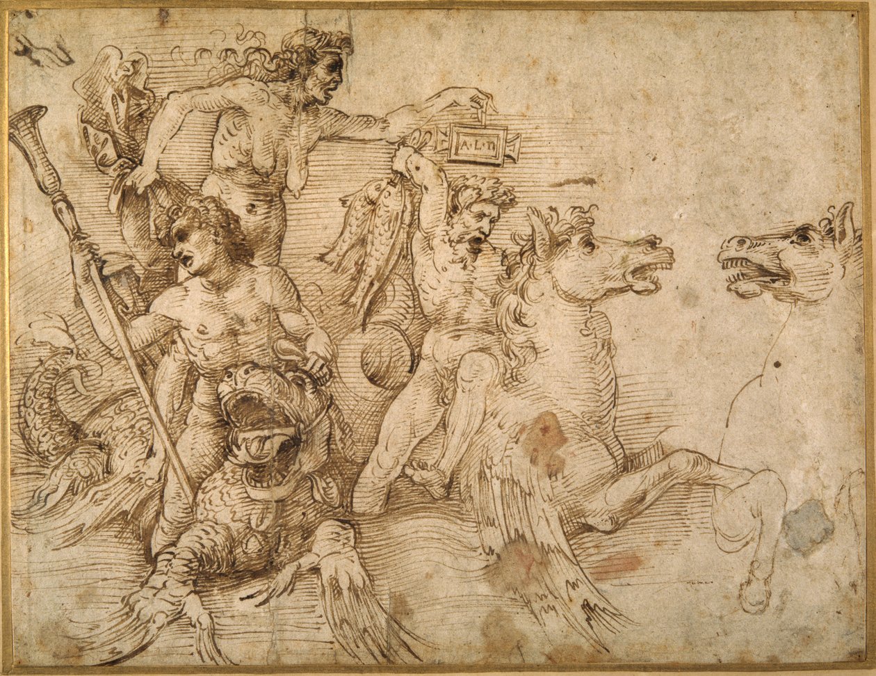 Batalha dos Tritões, depois de Anrea Mantegna (caneta e tinta marrom sobre papel branco) de Raphael