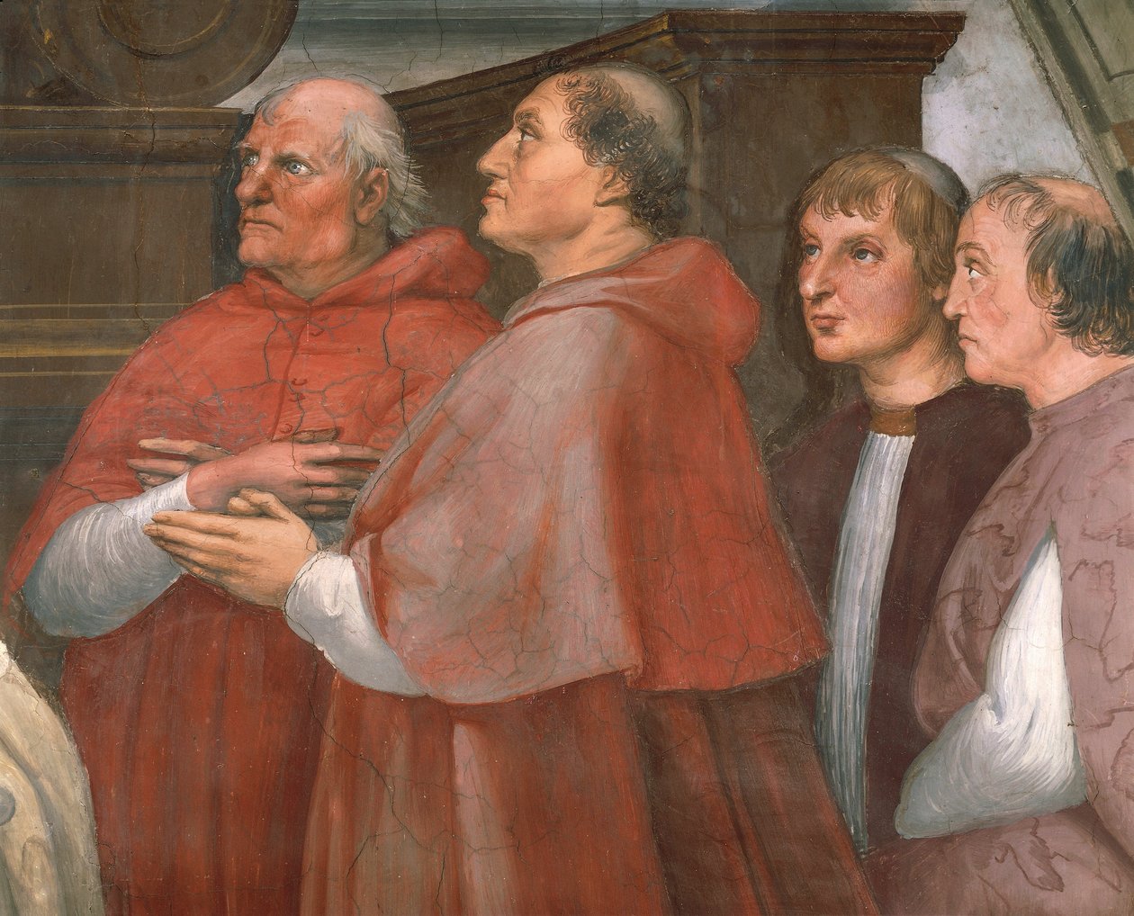 Cardeal Raffaele Riario com os espectadores, detalhe da missa em Bolsena de Raphael (1483 1520)