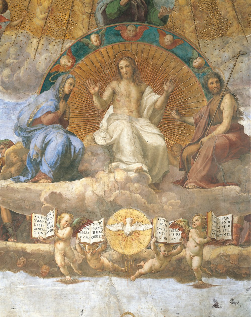 Cristo flanqueado pela Santíssima Virgem Maria e João Batista, detalhe da Disputa do Santo Sacramento de Raphael