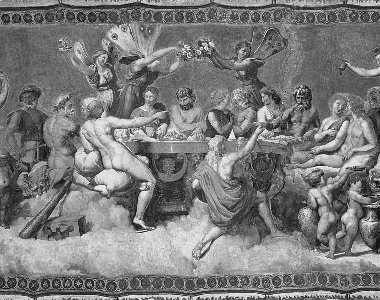 O Banquete dos Deuses, pintura no tecto do cortejo e casamento de Cupido e Psique (fresco) (foto a p/b) (detalhe de 57688) de after Raphael