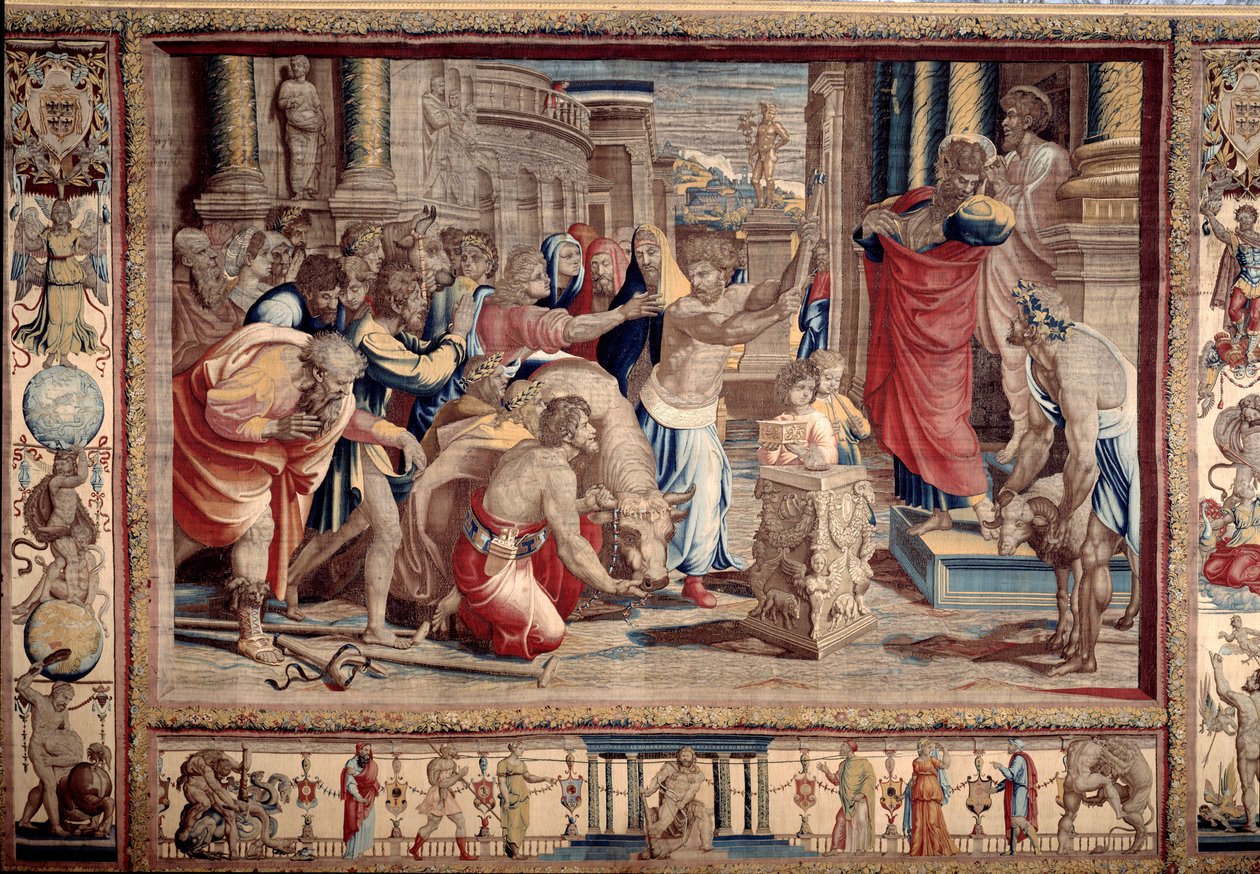 O sacrifício em Listra - Vida dos apóstolos Pedro e Paulo: São Paulo rejeitando as honras divinas, depois de ter guerreado um inválido, os habitantes tomam-no por um deus e querem fazer sacrifícios - Tapeçaria d
