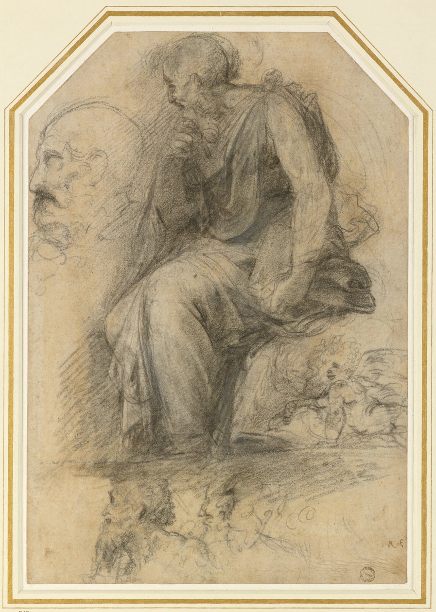 Um santo macho, sentado (São Paulo): Estudo para a Disputa, WA1846.189 (carvão vegetal com aumento de branco) de Raphael