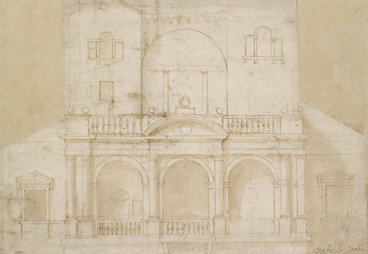 Projeto arquitetônico (Villa Madama) (caneta e tinta marrom com lavagem marrom em papel esbranquiçado) de Raphael