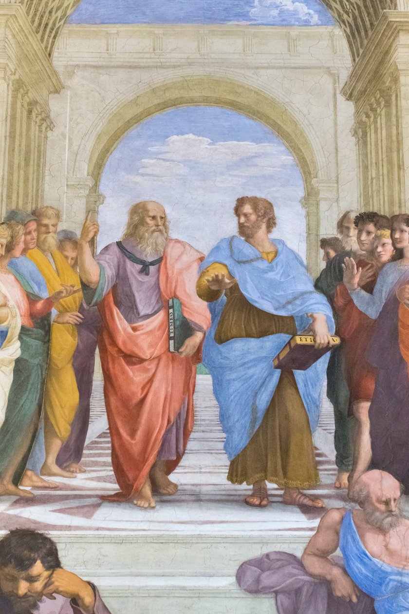 Aristóteles e Platão: detalhe da Escola de Atenas na Stanza della Segnatura de Raphael (1483 1520)