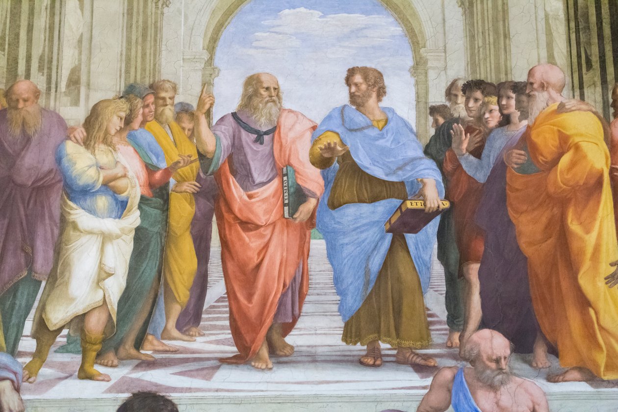 Aristóteles e Platão: detalhe da Escola de Atenas na Stanza della Segnatura de Raphael (1483 1520)