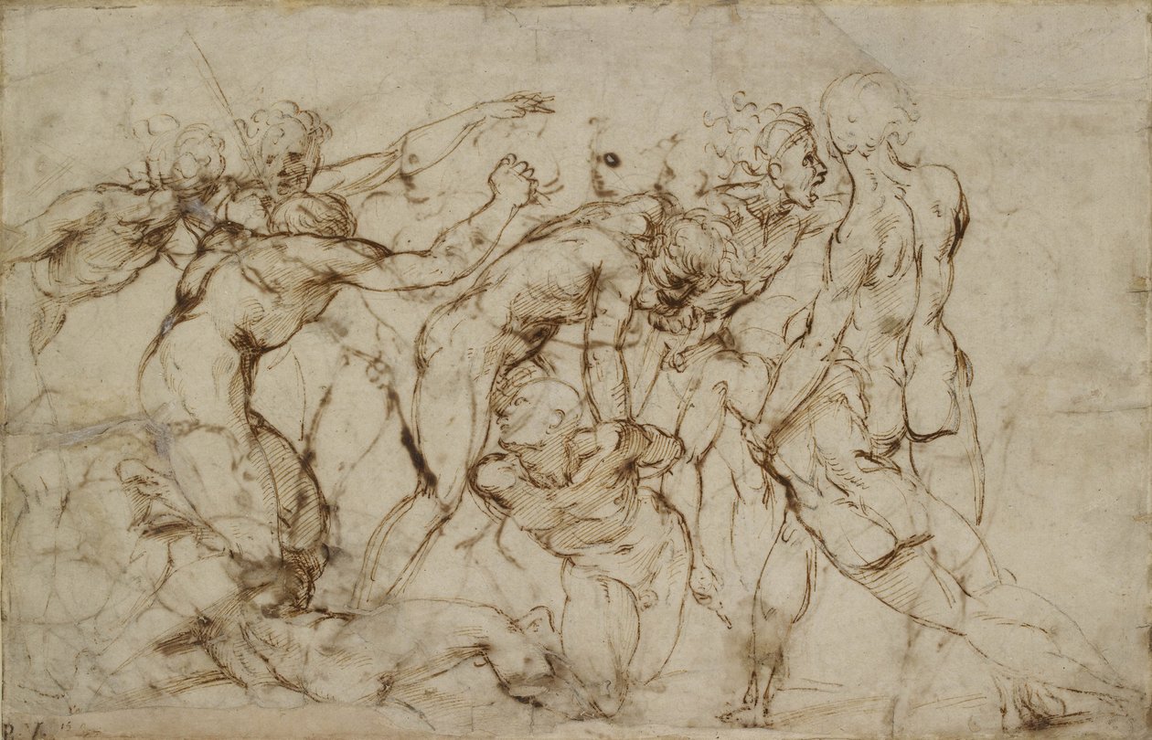 Cena de batalha com prisioneiros sendo imobilizados (caneta e tinta marrom sobre indicações esmaecidas em giz preto em papel cinza-azulado) de Raphael