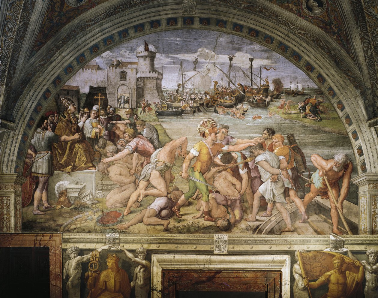 Fanlight, afresco de Raffaello Sanzio (1483-1520) e seguidores, retratando a batalha de Ostia, Stanza dell