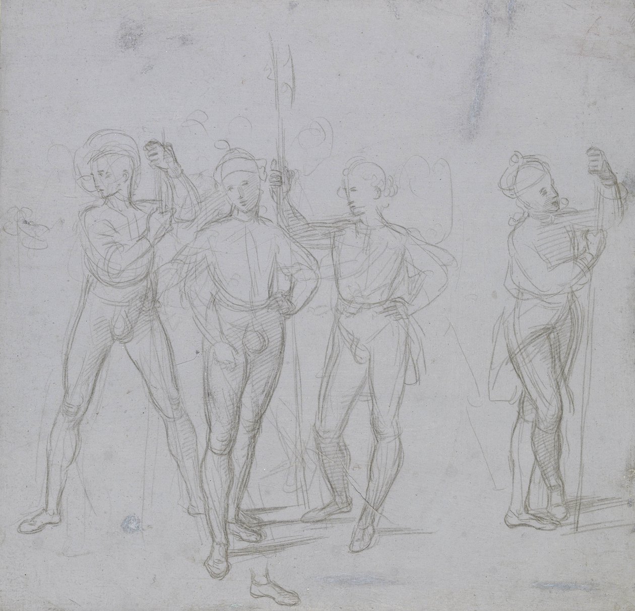 Grupo de quatro Soldados de pé (ponto prateado sobre uma preparação azul-acinzentada em papel não branco) de Raphael