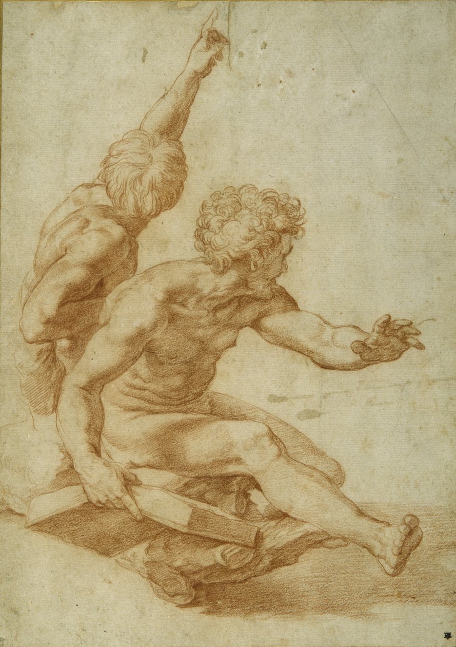 Estudos nus para Santo André e outro apóstolo em "A Transfiguração", c.1517 (giz vermelho sobre indentação do estilete em papel creme) de Raphael