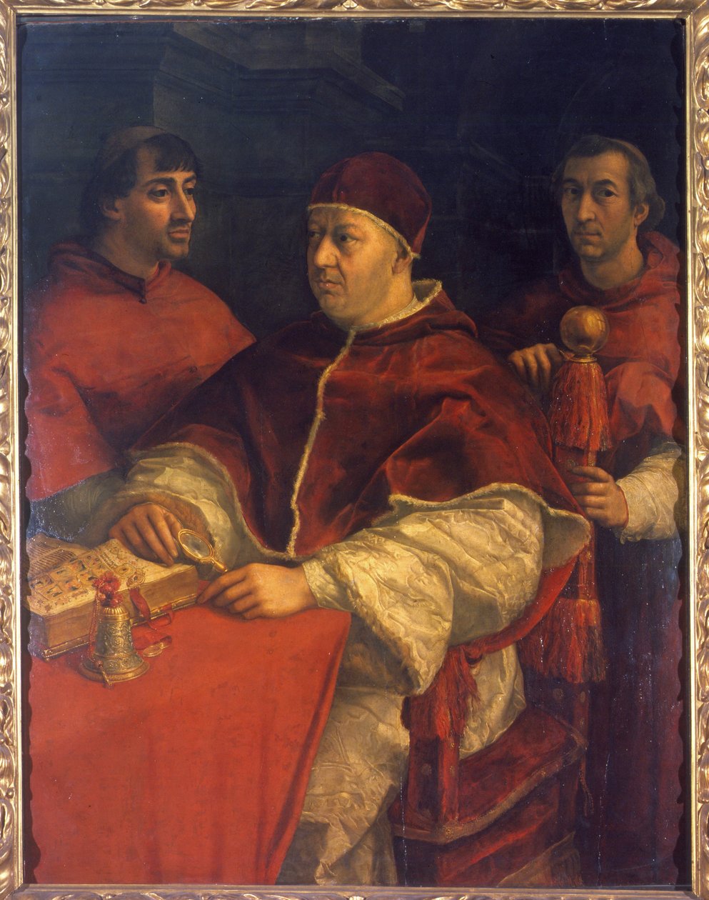 Retrato do Papa Leão X (1475-1521), filho de Lourenço de Médici (1449 - 1492) (Lourenço o Magnífico: Lorenzo il Magnifico) rodeado pelos Cardeais Luigi de 