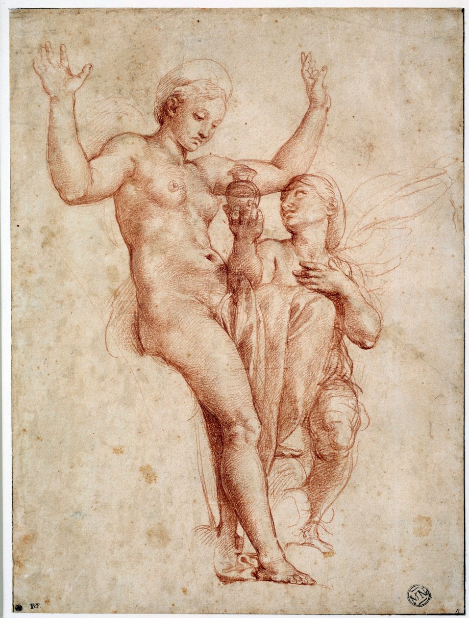 Psyche apresentando a Vênus a água do Styx. Desenho a la sanguine de Raffaello Sanzio dit Raphael (1483-1520) de Raphael