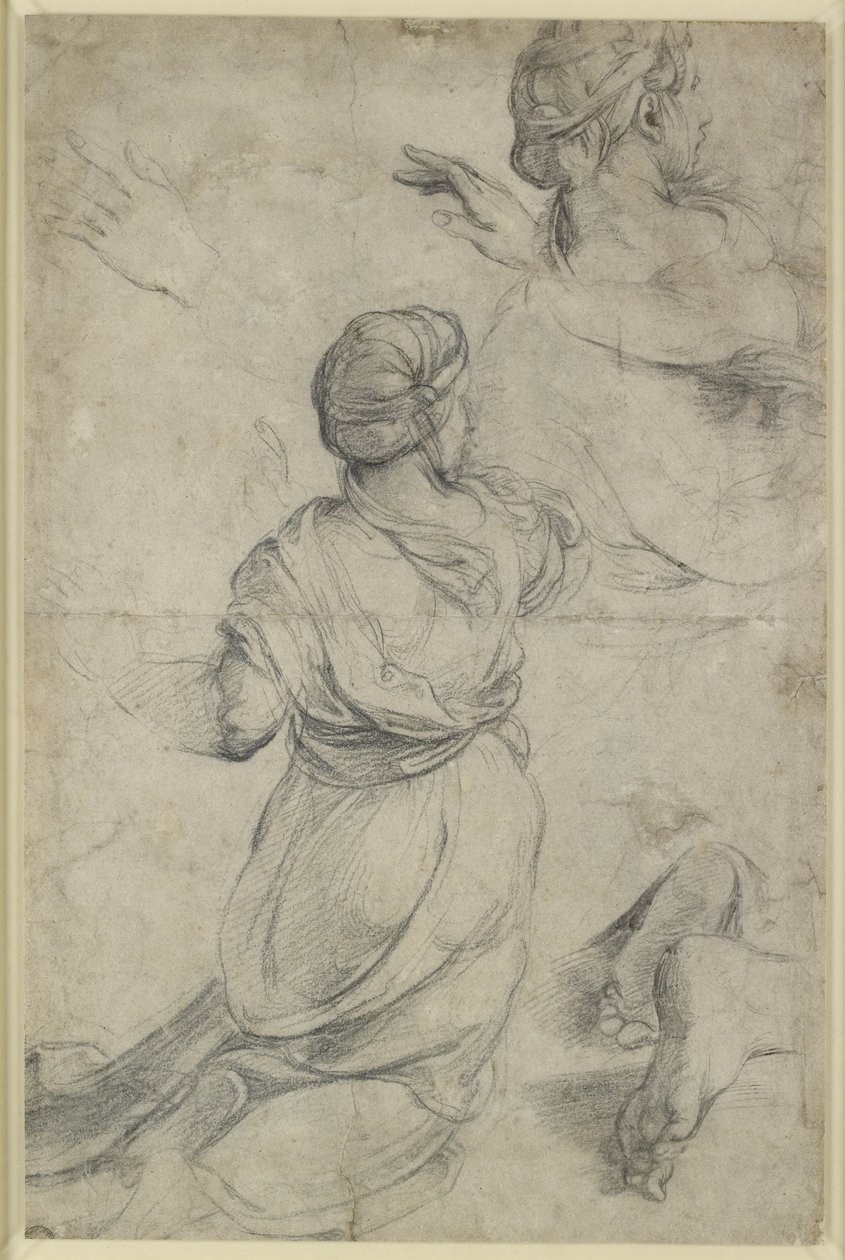 Recto: Estudos para duas mulheres ajoelhadas, WA1846.198 (giz preto) de Raphael