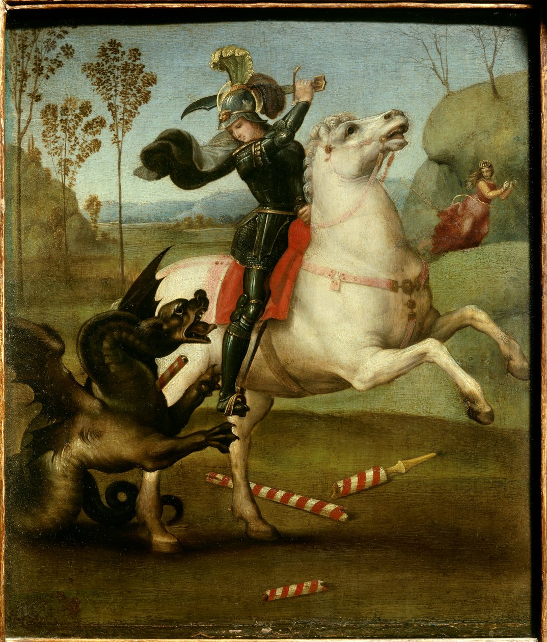 São Jorge Lutando com o Dragão Rafael (1483-1520/Italiano) Óleo sobre Painel de Madeira - "Saint Georges lutando com o dragão" Pintura de Raffaello Sanzio (Raphael) (1483-1520) 1505 Sol. 0,29x0,25 m de Raphael