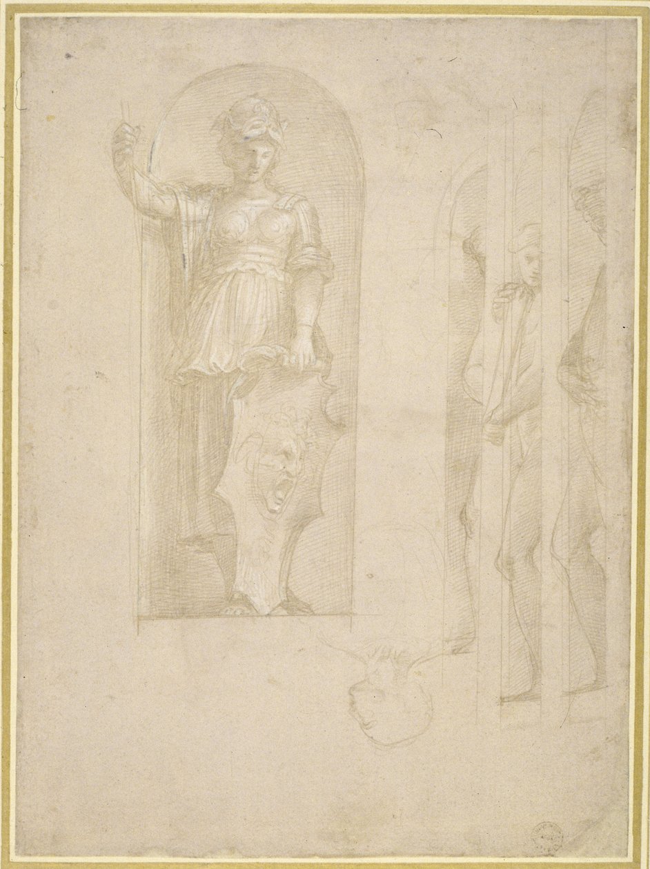 Estudos para uma Figura de Minerva e outras Estátuas (ponto prateado com altura branca no papel) de Raphael