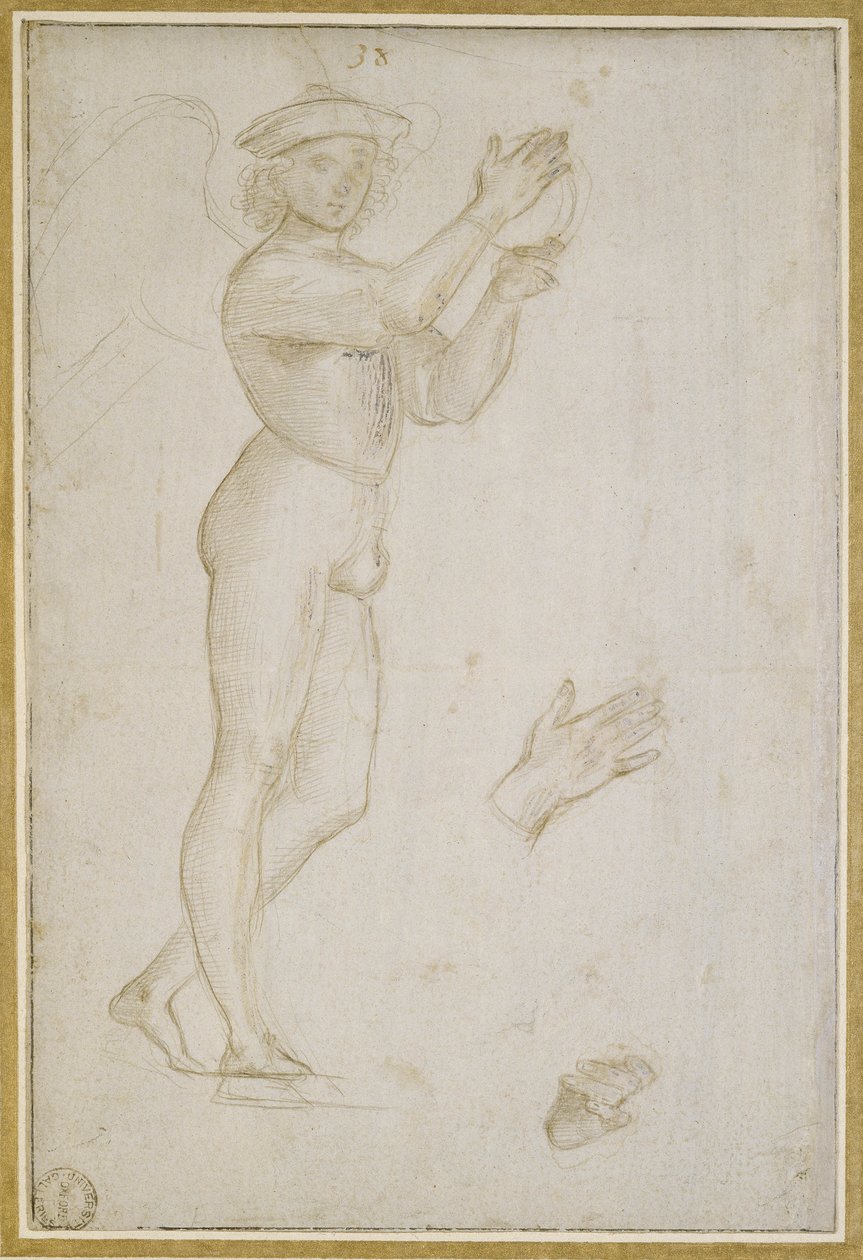 Estudo de um Jovem Fazendo Música (ponto prateado, elevado com cor de corpo, sobre uma preparação cinzento-pedra pálida) de Raphael