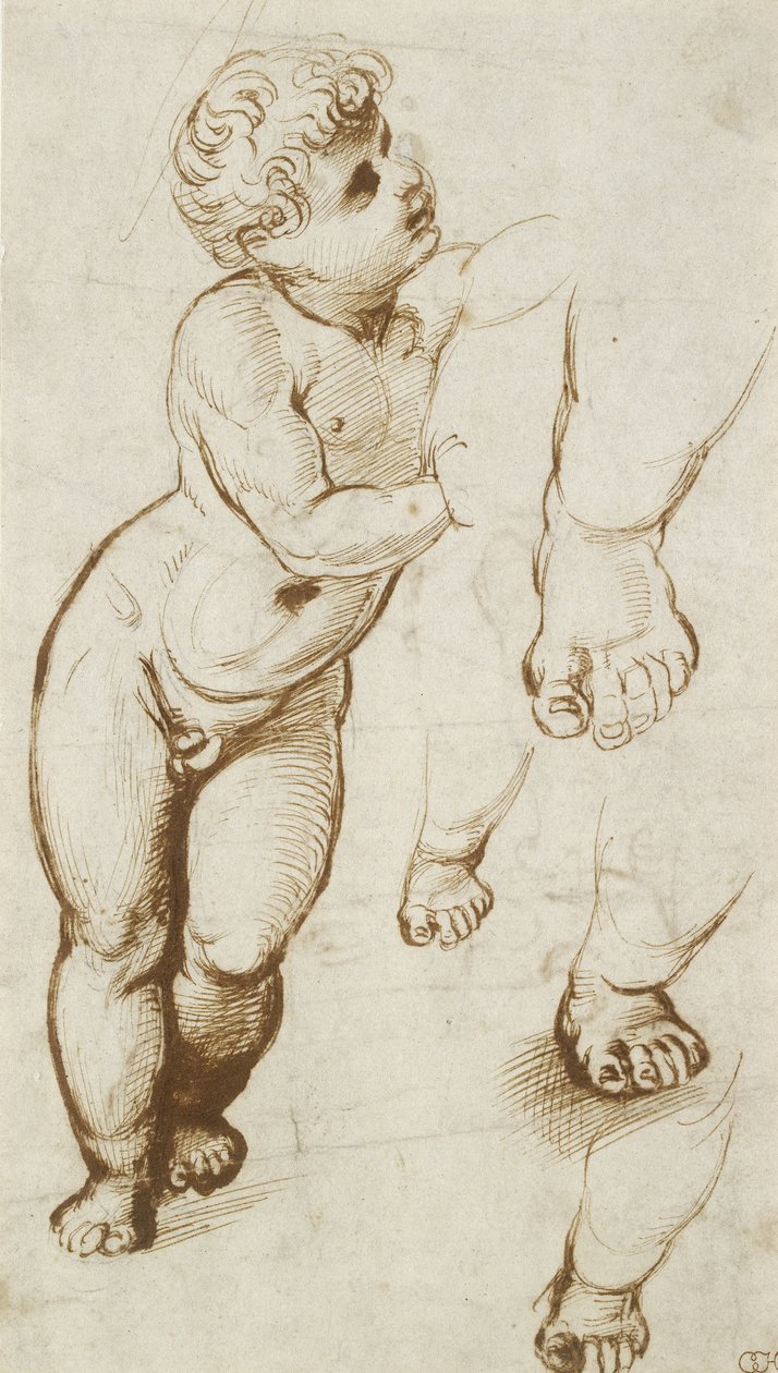 O Cristo Infante e outros Estudos (caneta e tinta marrom escuro sobre indicações preliminares em ponto de chumbo, em papel branco) de Raphael
