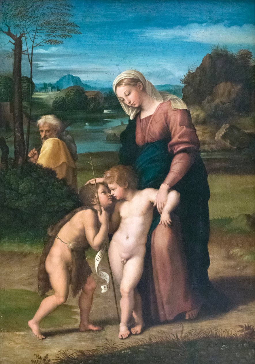 O encontro da Sagrada Família com o menino São João Baptista, conhecido como Madonna del Passeggio de Raphael (1483 1520)